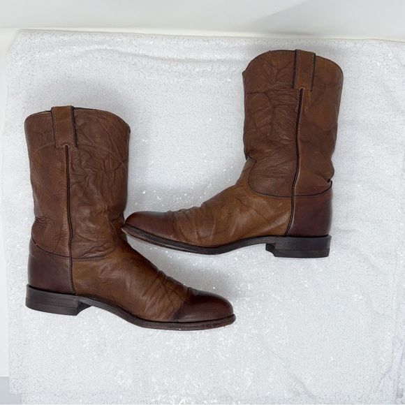 Men’s Justin USA Brown Leather Round Toe western Roper Cowboy boots 91/2D main image 7